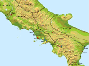 Карта. Райони и градове на действие между претора Вариний и Спартак