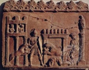 Бой на Бестиарий с лъвове. Барелеф съхраняван в Националния Археологически Музей – Рим