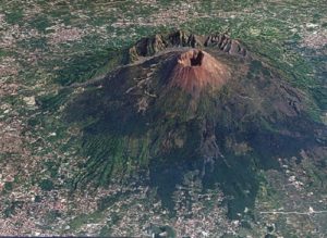 Снимка от въздуха в днешно време на вулкана Везувий, склоновете и подстъпите към него
